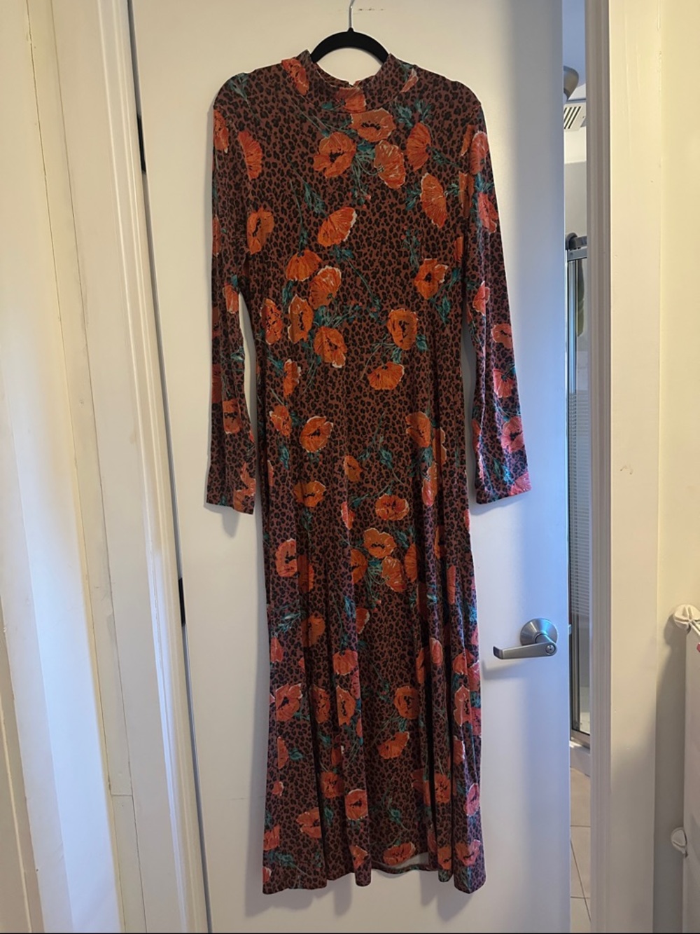 Free People Brown Floral Long Sleeve Midi Dress with Orange Blooms